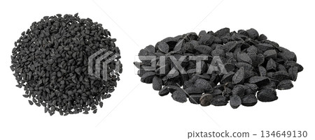 Nigella sativa or Black cumin isolated on white background. Top view. Flat lay Nigella sativa or Black cumin isolated on white background. Top view. Flat lay 134649130