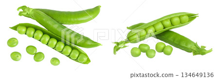 Fresh green pea pod with beans isolated on white background. Top view. Flat lay Fresh green pea pod with beans isolated on white background. Top view. Flat lay 134649136