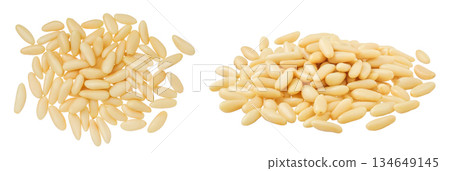Shelled European pine nuts isolated on white background with full depth of field. Top view. Flat lay 134649145