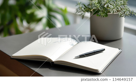 Open notebook with pen on modern table near green houseplant, minimalist workplace and journaling concept 134649157
