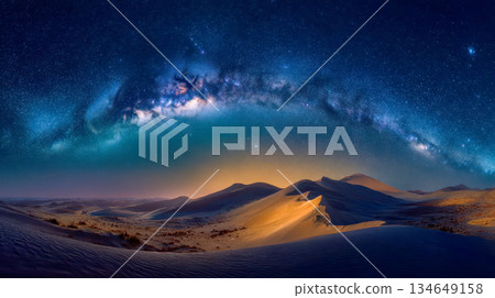 Panoramic desert dunes under the arc of the Milky Way, a nightscape with a starry galaxy and the soft glow of the horizon 134649158