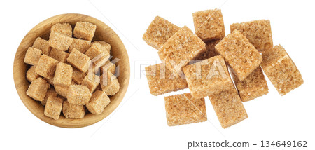 brown sugar in a wooden bowl isolated on white background. Top view. Flat lay 134649162