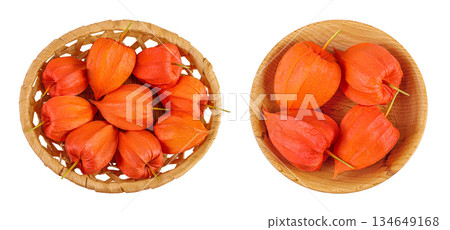 Cape gooseberry, physalis in a wicker basket isolated on white background with full depth of field. Top view. Flat lay 134649168