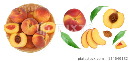 Ripe peach fruit with half in a wicker basket isolated on white background with full depth of field. Top view. Flat lay Ripe peach fruit with half in a wicker basket isolated on white background with full depth of field. Top view. Flat lay 134649182