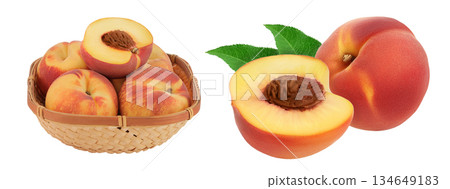 Ripe peach fruit with half in a wicker basket isolated on white background with full depth of field Ripe peach fruit with half in a wicker basket isolated on white background with full depth of field 134649183