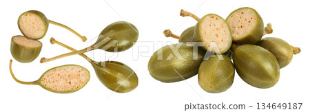 Capers isolated on white background. Pickled or canned capers. Top view . Flat lay Capers isolated on white background. Pickled or canned capers. Top view . Flat lay 134649187