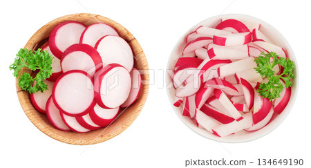 Radish slices in wooden and ceramic bowl isolated on white background. Top view. Flat lay Radish slices in wooden and ceramic bowl isolated on white background. Top view. Flat lay 134649190