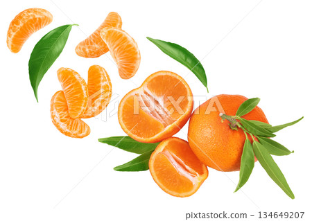 Tangerine or clementine with green leaf isolated on white background with full depth of field. Top view. Flat lay 134649207