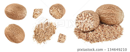 Whole and grated nutmeg isolated on white background with full depth of field. Top view. Flat lay 134649210