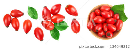 Rose hip in wooden bowl isolated on a white background with full depth of field. Top view. Flat lay. 134649212