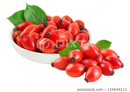 Rose hip in ceramic bowl isolated on a white background with full depth of field. Top view. Flat lay. 134649213