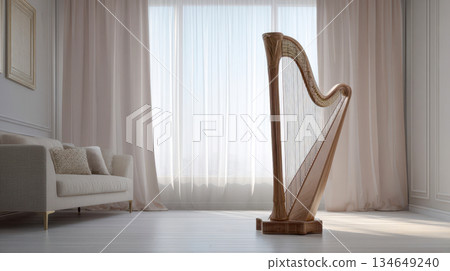 An elegant wooden harp in a bright minimalist living room with soft curtains and natural light 134649240