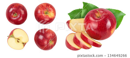 Red apple with half isolated on white background with full depth of field. Top view. Flat lay. Set or collection Red apple with half isolated on white background with full depth of field. Top view. Flat lay. Set or collection 134649266