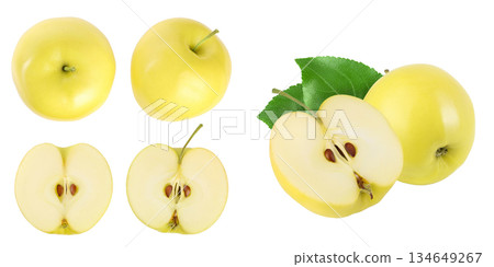 yellow apple half isolated on white background with full depth of field. Top view. Flat lay. 134649267
