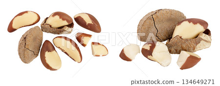 Brasil nuts in nutshell isolated on white background with full depth of field. Top view. Flat lay 134649271