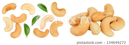 Roasted Cashew nuts isolated on white background with full depth of field. Top view with copy space for your text. Flat lay 134649272