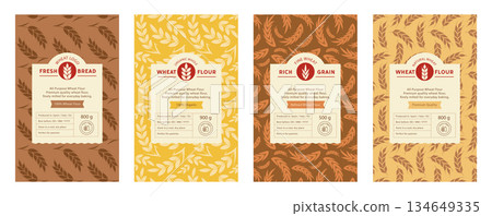 Bread Packaging Design Template Set with Wheat Patterns and Logos. Editable Vector Labels for Flour, Bakery, and Organic Wheat Products Bread Packaging Design Template Set with Wheat Patterns and Logos. Editable Vector Labels for Flour, Bakery, and Organic Wheat Products 134649335