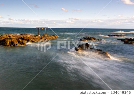 Rough waves of the Pacific Ocean and a sacred torii gate 134649346