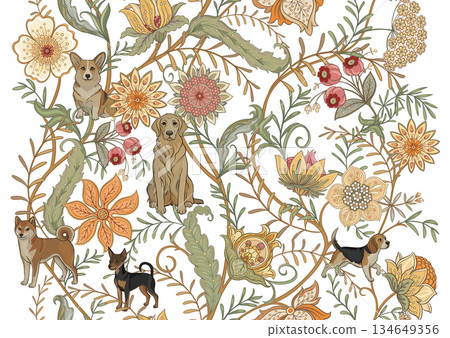 Seamless pattern with dogs and flowers. 134649356