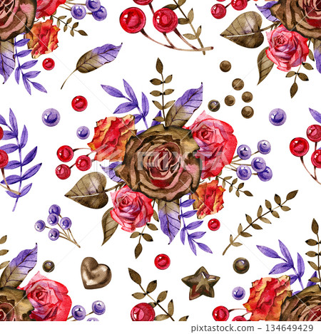 Seamless watercolor pattern combining chocolate sweets, hearts, berries and romantic roses with botanical elements. Ideal for Valentine s Day designs, confectionery packaging, textiles, gift wrap 134649429