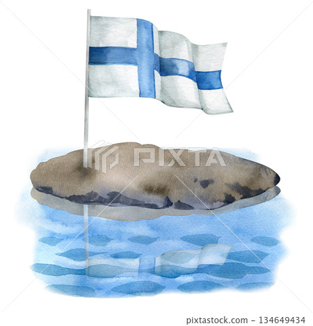 Watercolor illustration of the Finnish flag waving on a small rocky island surrounded by blue water. A patriotic hand-painted design representing Finland s nature and national identity. Watercolor illustration of the Finnish flag waving on a small rocky island surrounded by blue water. A patriotic hand-painted design representing Finland s nature and national identity. 134649434