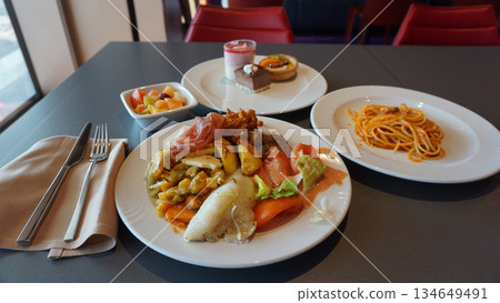 Dining Room Buffet aboard the abstract luxury cruise ship. Healthy food at modern liner concept Dining Room Buffet aboard the abstract luxury cruise ship. Healthy food at modern liner concept 134649491