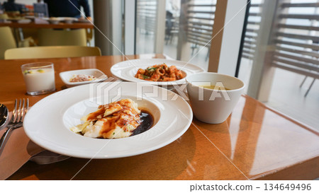 Dining Room Buffet aboard the abstract luxury cruise ship. Healthy food at modern liner concept Dining Room Buffet aboard the abstract luxury cruise ship. Healthy food at modern liner concept 134649496