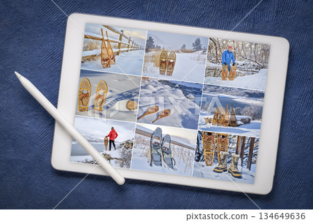 snowshoes and snowshoeing picture collage on a digital tablet featuring the same senior male model, winter recreation and adventure theme 134649636