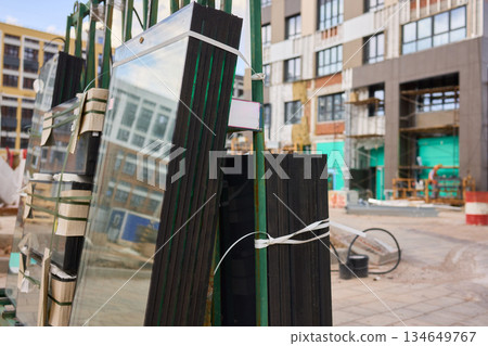 Stacked window frames are now fully prepared and ready for the upcoming installation process 134649767