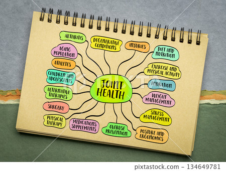 joint health concept - wellbeing and mobility, involving the maintenance and care of the body's joints to ensure they function properly throughout life, mind map sketch joint health concept - wellbeing and mobility, involving the maintenance and care of the body's joints to ensure they function properly throughout life, mind map sketch 134649781