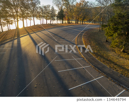 aerial view of a parking lot on a shore of the Tennessee River - Colbert Ferry Park, Natchez Trace Parkway aerial view of a parking lot on a shore of the Tennessee River - Colbert Ferry Park, Natchez Trace Parkway 134649794