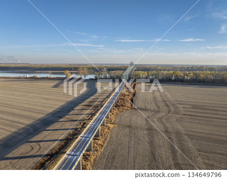 bridge on the Mississippi River at confluence with the Ohio River below Cairo, IL, November aerial view 134649796