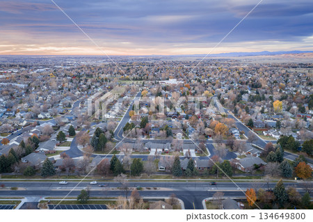 dawn over city of Fort Collins at foothills of Rocky Mountains in northern Colorado, aerial November scenery dawn over city of Fort Collins at foothills of Rocky Mountains in northern Colorado, aerial November scenery 134649800