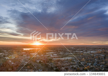 sunrise over midtown of Fort Collins and plains in northern Colorado, November aerial view 134649801