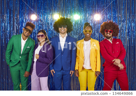 Happy laughing people in sunglasses in gangnam style on blue shiny background with lights. 134649866