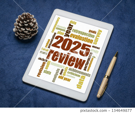 2025 year review word cloud on a digital tablet, end of year business analysis concept 134649877