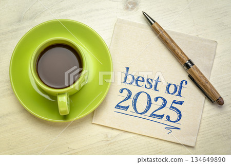 best of 2025 - handwriting on a napkin with a cup of coffee, product or business review of the recent year best of 2025 - handwriting on a napkin with a cup of coffee, product or business review of the recent year 134649890