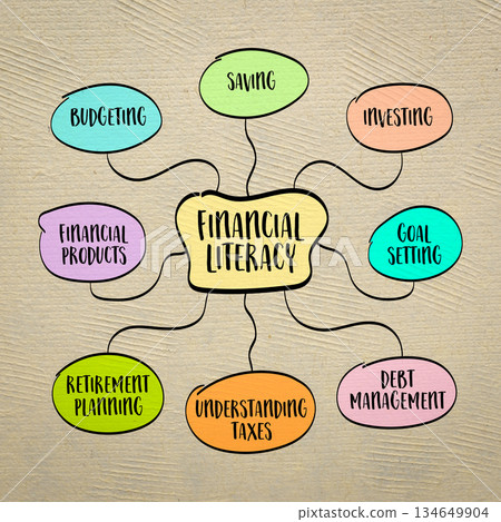 financial literacy infographics or mind map sketch - personal finance concept and education 134649904