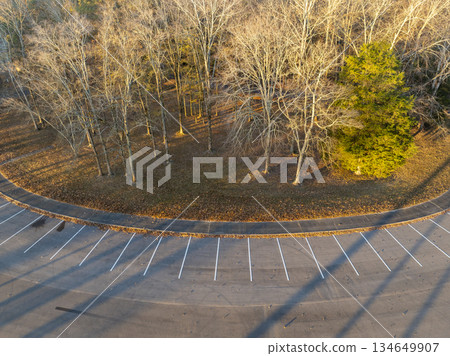 aerial view of a parking lot on a shore of the Tennessee River - Colbert Ferry Park, Natchez Trace Parkway 134649907