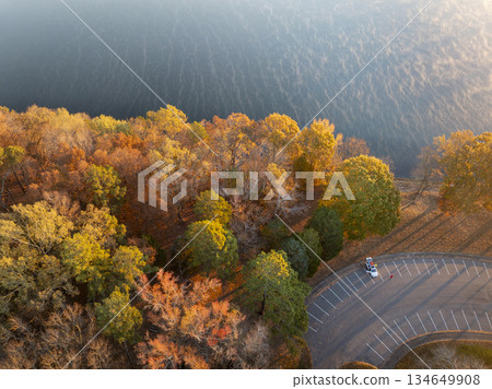 aerial view of a parking lot on a shore of the Tennessee River - Colbert Ferry Park, Natchez Trace Parkway aerial view of a parking lot on a shore of the Tennessee River - Colbert Ferry Park, Natchez Trace Parkway 134649908