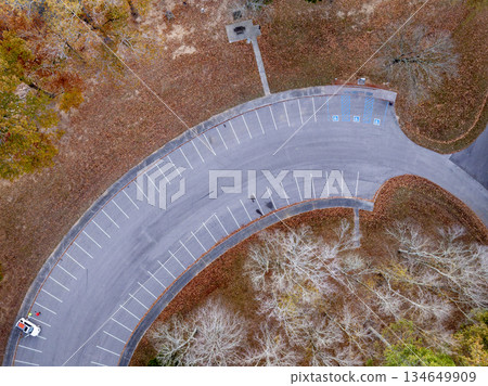 aerial view of a parking lot on a shore of the Tennessee River - Colbert Ferry Park, Natchez Trace Parkway aerial view of a parking lot on a shore of the Tennessee River - Colbert Ferry Park, Natchez Trace Parkway 134649909