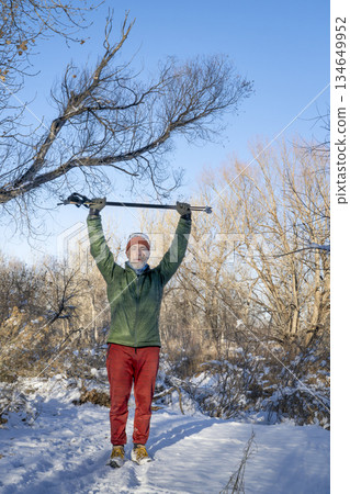 senior man is Nordic walking on a trail through a riparian forest along the Poudre River in Colorado, winter scenery 134649952