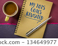 my 2025 goals revisited, handwriting in a spiral notebook, goal setting concept 134649977