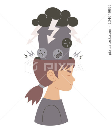 Mental Health. Sad Unhappy Girl with Rain Cloud and Lightning , and Sad Emoji Faces and from her head. Symbolizes emotional pain, confusion, Depression and Stress. Flat Vector Illustration. Not AI 134649993