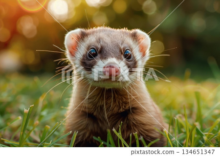 a cute little ferret on the green grass 134651347