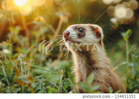 a cute little ferret on the green grass 134651351