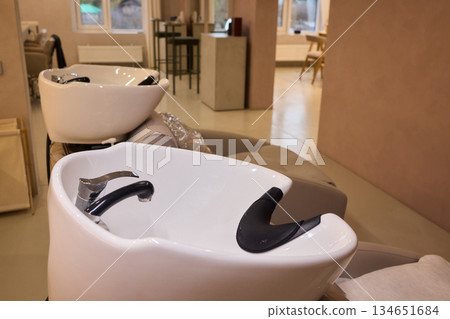 Salon wash station, Elegant hair wash station setup, Modern glossy porcelain hair washing basin setup, Sterile bright salon with professional hair washing and treatment area 134651684