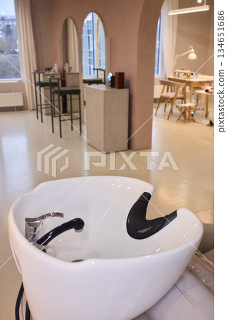 Salon wash station, Elegant hair wash station setup, Modern glossy porcelain hair washing basin setup, Sterile bright salon with professional hair washing and treatment area 134651686