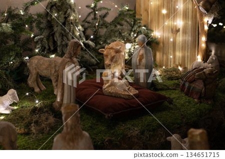 Noel Christmas nativity scene Creche with Joseph Mary, Jesus and magi 134651715