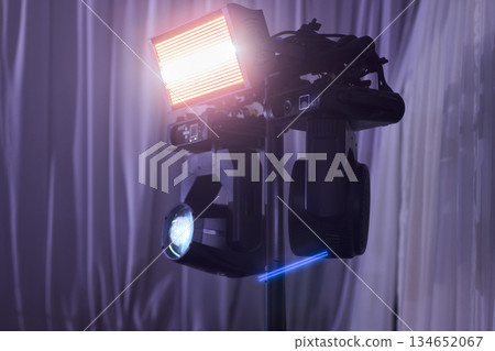 Barber tool scene, Salon station with grooming supplies, Stylish barber setup with cleaning equipment, Morning grooming station with sleek lighting and organized supplies 134652067